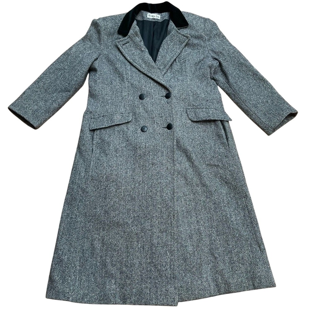 Herman Kay Gray Herringbone Wool Blend Overcoat 12 Velvet Collar Double Breasted